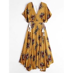 Yellow Floral Midi Dress With Tassels